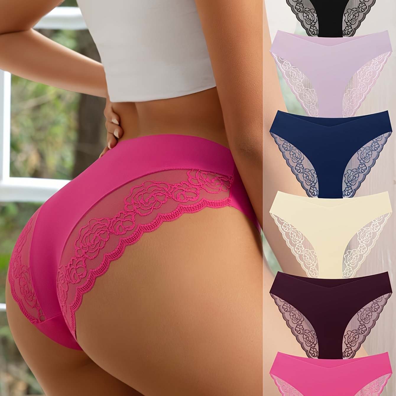6pcs Lightweight Contrast Lace Briefs, Seamless Intimates Panties, Women's Lingerie