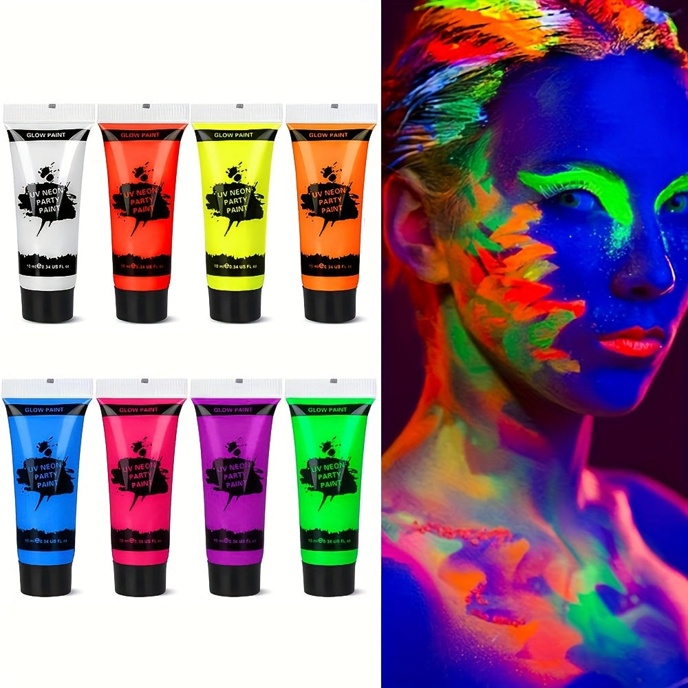 10ml 8 Tubes UV Blacklight Glow Body Paint, Washable Quicker Dry Fluorescent Face