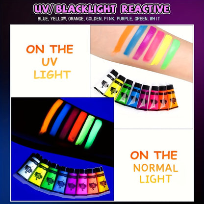 10ml 8 Tubes UV Blacklight Glow Body Paint, Washable Quicker Dry Fluorescent Face