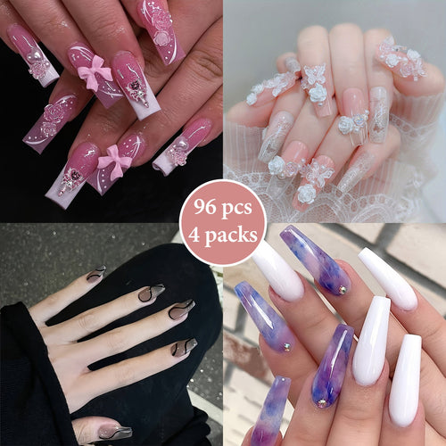 96pcs (4 sets) Long Press On Nails White French Tip Fake Nails