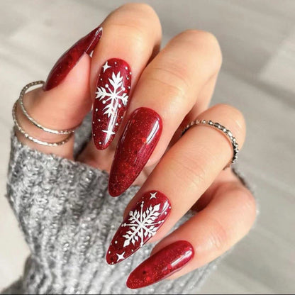 4-Pack of 96pcs Medium Almond Shape Glossy White Press-On Nails Set with Christmas Snowflake