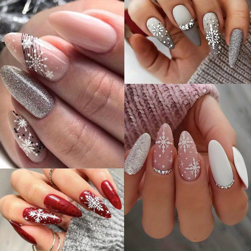 4-Pack of 96pcs Medium Almond Shape Glossy White Press-On Nails Set with Christmas Snowflake