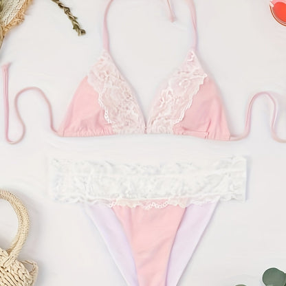 Two Piece Drawstring Tie Back High Cut Halter Neck Bikini Sets, Lace Trim Contrast Color Women's Swimwear