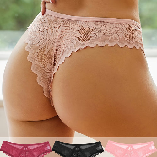 3 Pcs Sexy Lacy Trim Briefs, Breathable Semi-Sheer Thong, Women's Lingerie